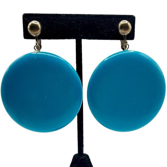 Vintage Dauplaise Oversized Turquoise Colored Coin Medallion Earrings Screw Back - Picture 1 of 6